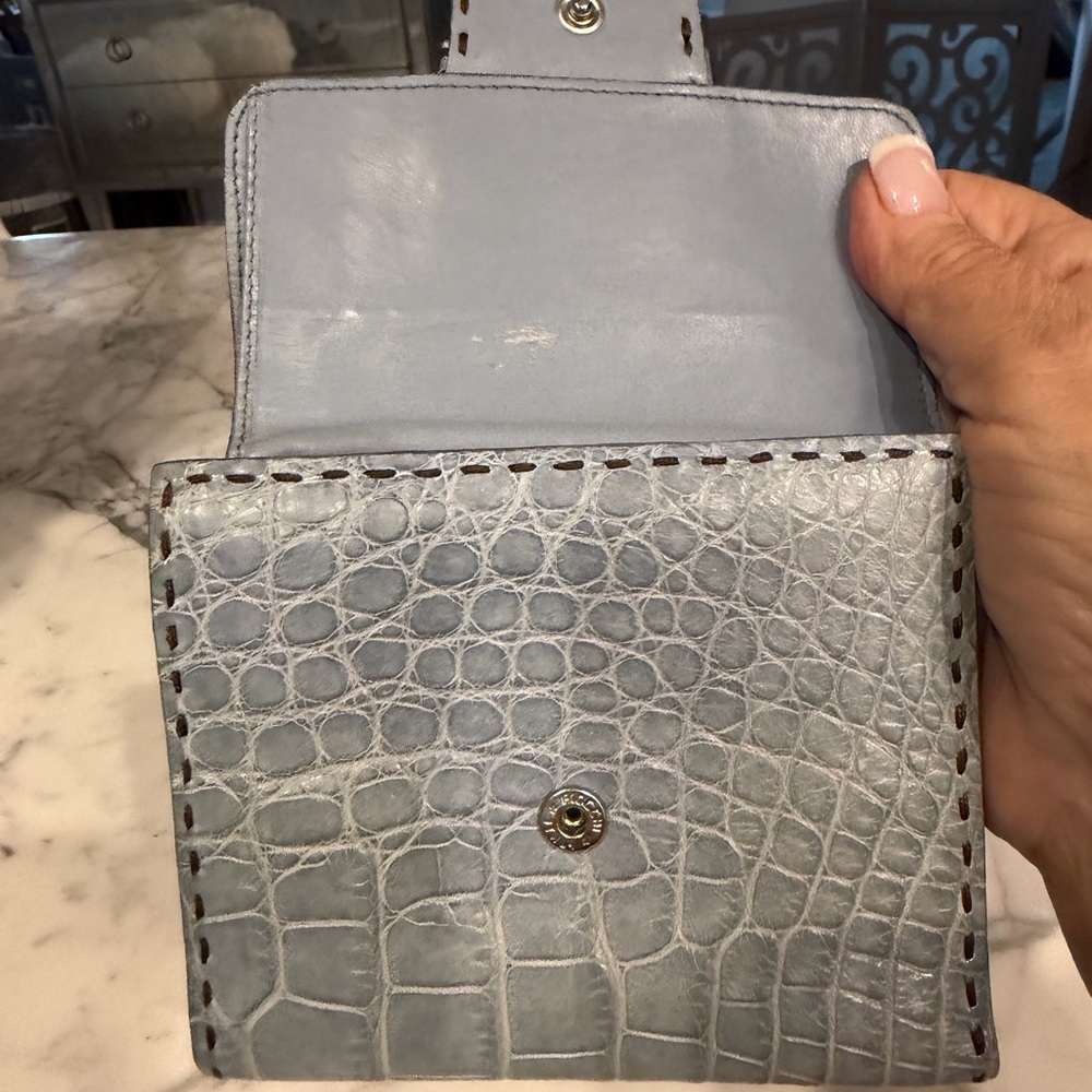Prada Vintage Croc Embossed Leather Wallet Blue Gray Rare